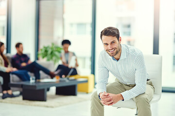 Man, portrait and company leader in office, employee and confidence at startup agency. Male person,...
