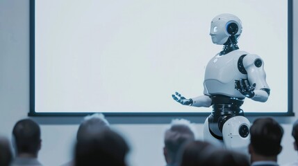 Futuristic Presentation: White Robot Delivering Engaging Talk Against Clean Background