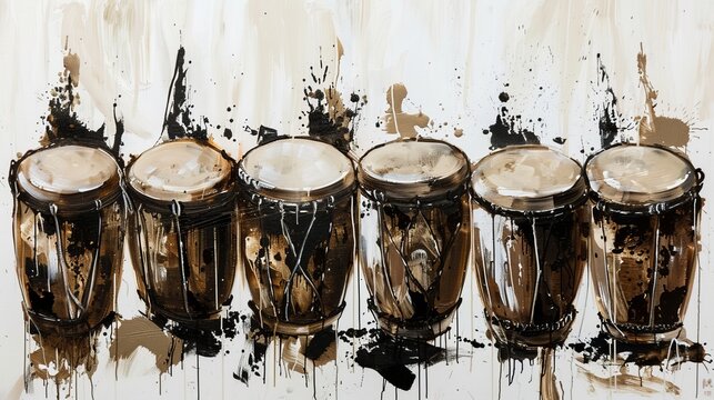 Painting of a set of six conga drums in various shades of brown, with black paint splatters in the background.