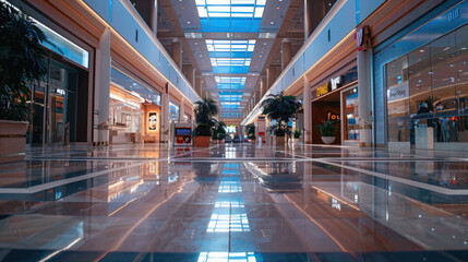 A large, empty shopping mall with a lot of glass windows