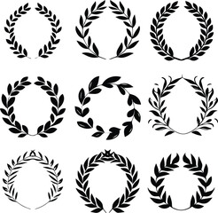 Set of different black and white silhouette round laurel foliate and wheat wreaths depicting an award, achievement, heraldry, nobility, emblem, logo. 