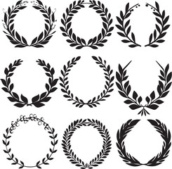 Set of different black and white silhouette round laurel foliate and wheat wreaths depicting an award, achievement, heraldry, nobility, emblem, logo. 