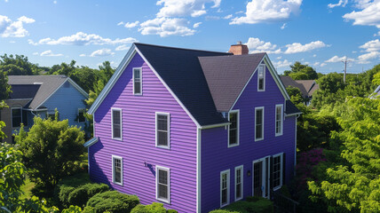 Fototapeta na wymiar Extended aerial shot of a vibrant violet house with siding, standing out among the greenery of a suburban neighborhood, under a sunny sky.