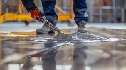 A Workers meticulously coat the floor with epoxy. and laid over various layers With care and precision Helps increase the durability and lifespan of the surface.