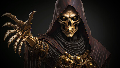 Close-up of a grim reaper looking at camera and reaching towards the camera with his hand on a dark background with copy space. Generative Ai.