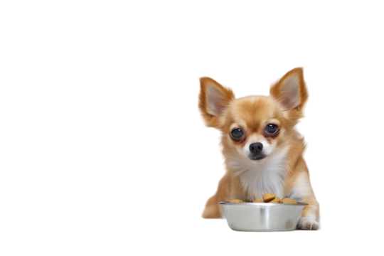  chihuahua sitting and eating from dog bowl on white background, side view, banner with copy space area