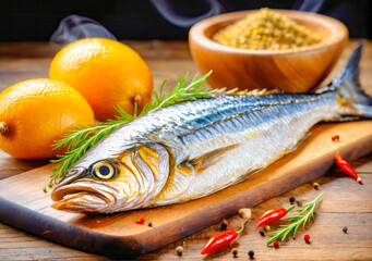 Fresh mackerel on a wooden cutting board. fish and food ingredients on table - obrazy, fototapety, plakaty