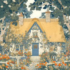 Charming Thatched Cottage with Flower-Laden Path and Tiled Roof, Perfect for Fantasy or Rustic Themes