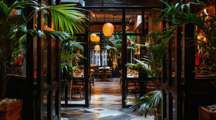 A restaurant with a large open doorway and a lush green plant in front of it