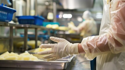 Workers pick fruit in a food industry factory