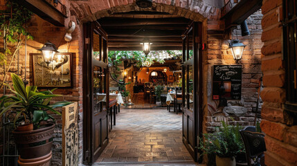 A brick building with a large archway leading to a courtyard