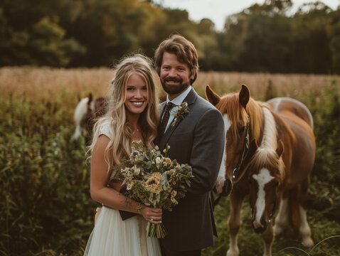 A bride and groom stand in front of two horses, one of which is brown and white. The couple is smiling and posing for a picture