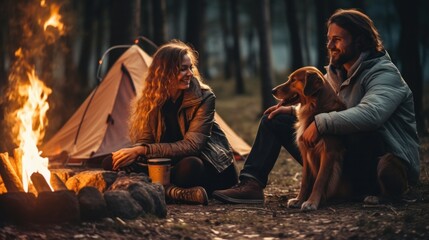 couple camping with dog in forest for travel, adventure or bonding in nature