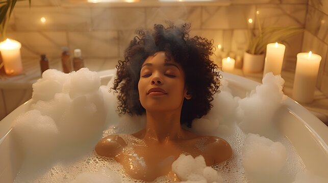Revitalizing Self-Care: A Woman's Relaxing Bubble Bath Indulgence