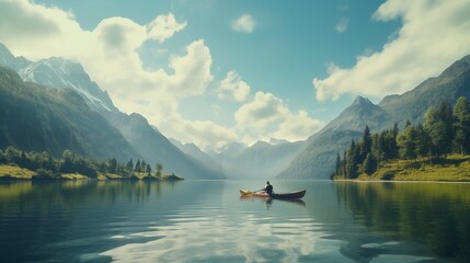 Kayaker exploring a serene mountain lake.