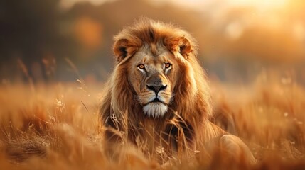 Beautiful king lion on savannah grass nature, with beautiful big eyes, With Beautiful blur Background, - Powered by Adobe