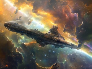 A large space ship is flying through a colorful cloud of gas and dust. The ship is surrounded by a variety of stars and planets, creating a sense of wonder and adventure. Scene is one of excitement