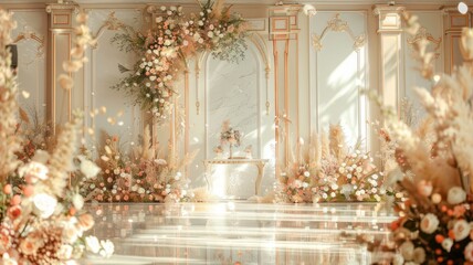 Wedding stage decoration background inside the building with elegant and beautiful flower decorations