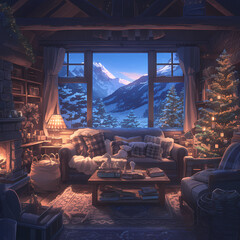 Charming Chalet-Style Living Room with Festive Christmas Decor and Stunning Mountain View