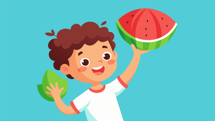 A small child holds up a ripe watermelon the product of months of nurturing and tending to vines their excitement evident as they cant wait to - obrazy, fototapety, plakaty