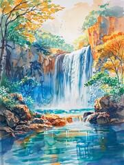 Beautiful waterfall in a forest, hand drawn watercolor in bright pastel colors