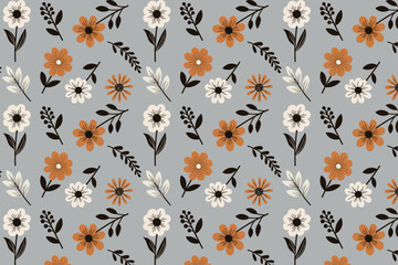 Seamless pattern of cute flower branches with leaves on gray background. Vector illustration	