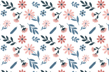 Seamless pattern of cute flower branches with leaves on gray background. Vector illustration	