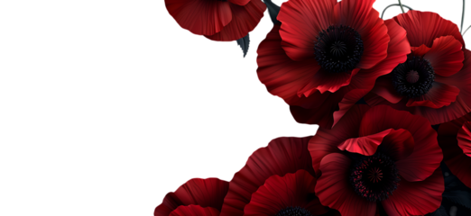 A white background with a bunch of red poppies on the right side.