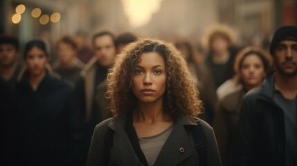 Obraz premium Large group of people standing in the street with focus on woman looking at camera.