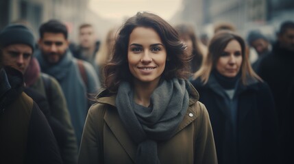 Large group of people standing in the street with focus on woman looking at camera.