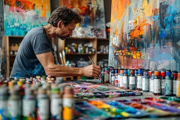 Unbounded Creativity: Crafting a Vibrant Masterpiece in a Lively Art Studio - obrazy, fototapety, plakaty