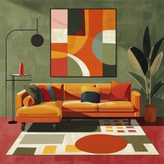 A mid-century modern living room with burnt orange couch, geometric shapes painting, olive green walls, and colorful rug. - obrazy, fototapety, plakaty
