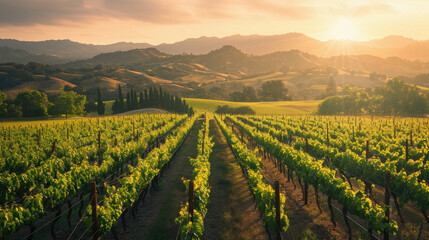 A vineyard with rows of vines and a beautiful sunset in the background