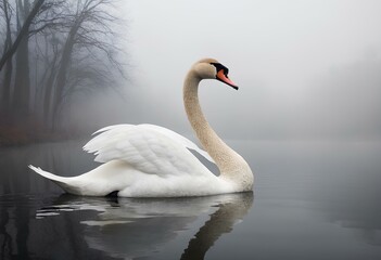 a swan is swimming in the water with a foggy background
