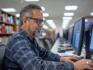 A man is sitting at a computer with a smile on his face. He is wearing glasses and a plaid shirt