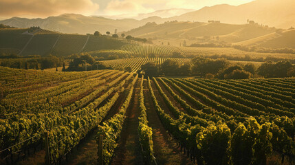 Obraz premium A large field of grape vines with a beautiful sunset in the background
