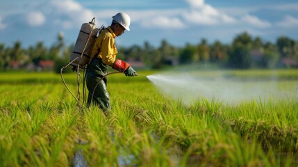 Asian farmers are spraying insecticides to kill off insects that eat plants in their rice fields.