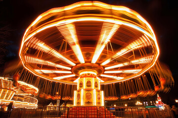 Merry-go-round and Ferris wheel captured in motion blur during nighttime, achieved through extended exposure photography