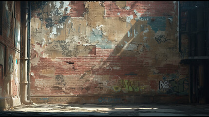 A large urban wall with grunge texture, showing a mix of chipped paint, faded graffiti, and exposed brick, the scene is set in an abandoned alley