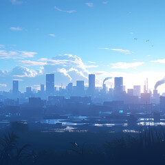 A tranquil urban skyline with subtle pink hues during sunrise, concealed by harmful micro-particles.