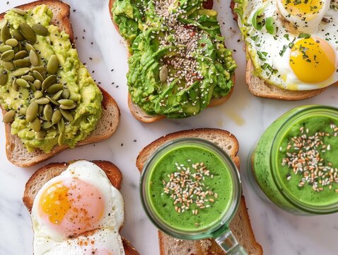 A variety of healthy avocado toast and smoothie options.