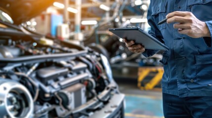 Mechanics use tablet computers where experts inspect electric cars for broken parts in the engine bay.