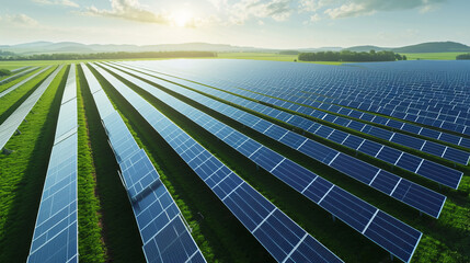 A solar farm with rows of solar panels, the scene shows a balance of technology and nature with green fields surrounding the panels