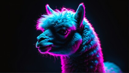 Obraz premium holographic glowing portrait of alpaca on black dark background from Generative AI