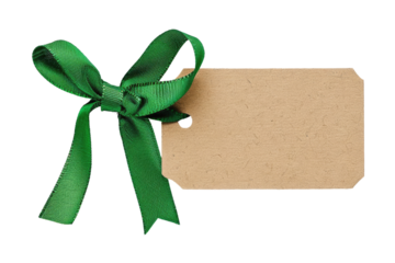gift tag with green ribbon bow isolated