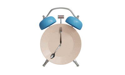 Blue Alarm clock and plate with utensils. The concept of intermittent fasting, lunch, diet, and weight losss