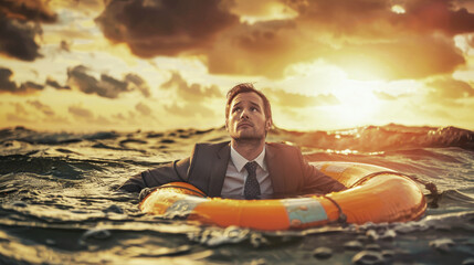 A businessman in a suit gracefully floats on a raft in the vast ocean, clutching a lifebuoy for safety