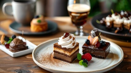 A decadent plate of chocolate desserts with berries and cream