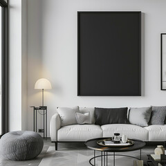 Living room interior with white sofa, coffee table and blank poster on wall. 