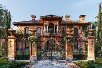 Full front view of a terracotta classic house with Spanish tile roofing and an ornate, wrought-iron gate. - obrazy, fototapety, plakaty